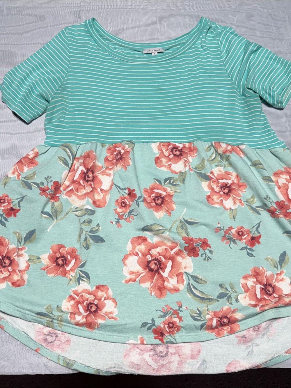 White Birch Teal and White Striped Knit Top with Flower Details Oversized
